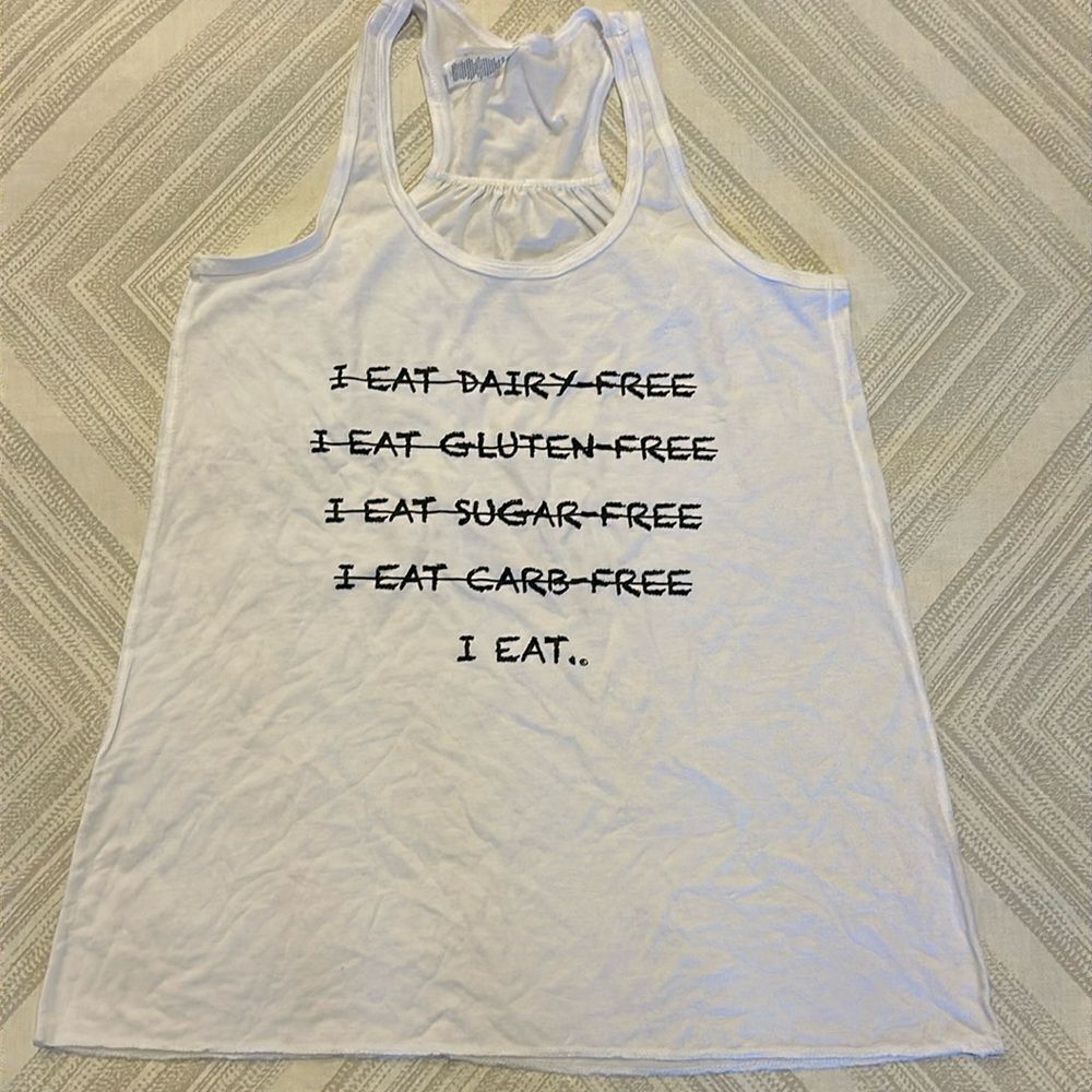 Bella Canvas White Racerback ’I Eat’ writing Tank Top